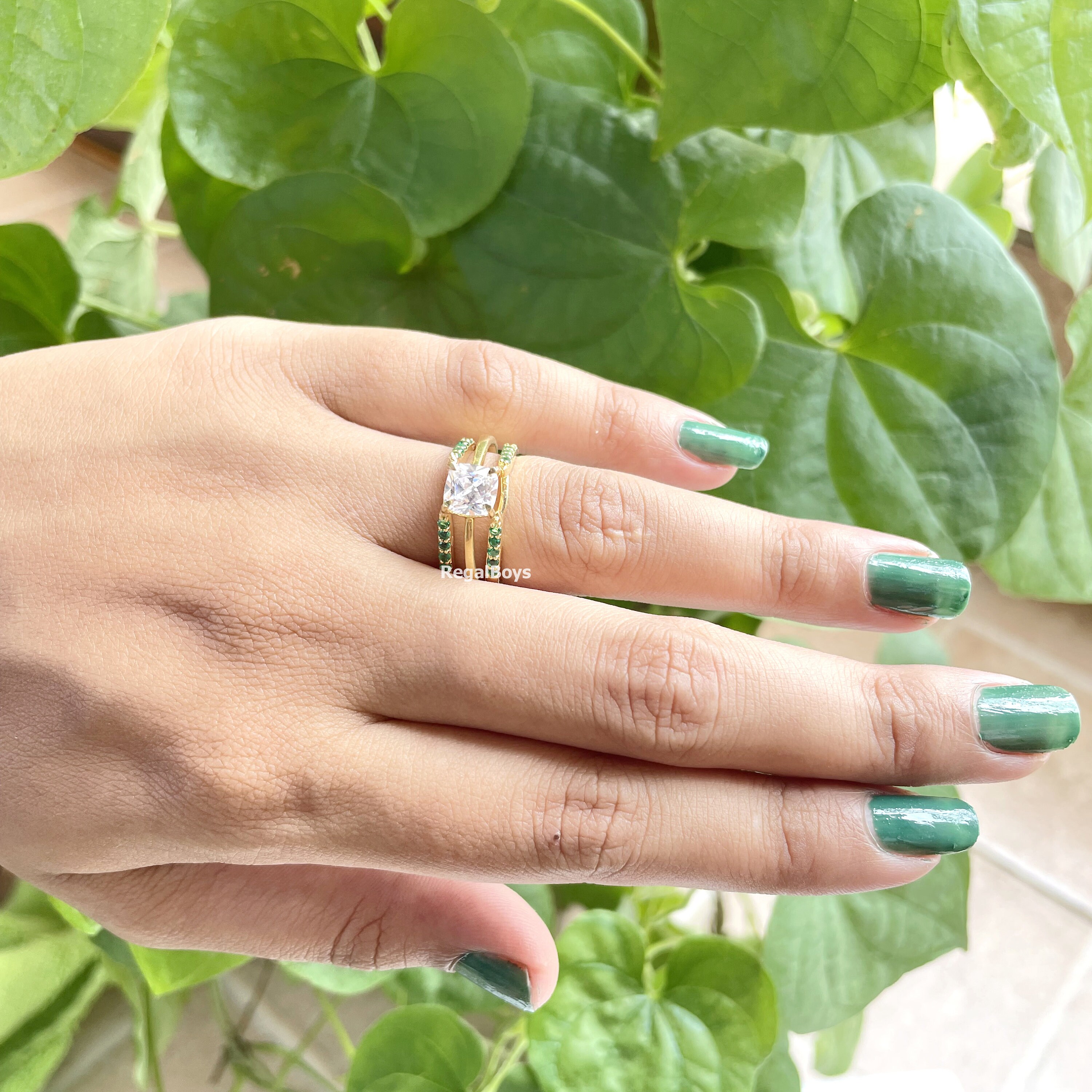 Round Green Emerald Enhancer Ring, 14K Gold Finish Emerald Ring Guard