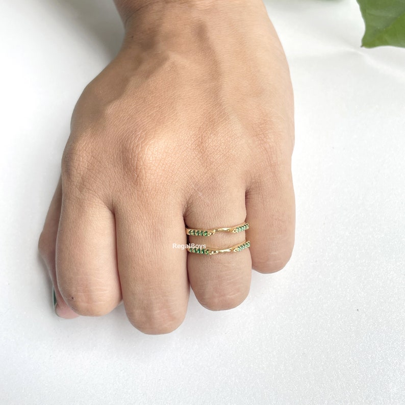Round Green Emerald Enhancer Ring, 14K Gold Finish Emerald Ring Guard