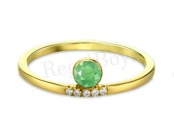 Green Peridot & Diamond Ring For Women, 14K Gold Over Ladies Peridot Minimal Ring, Stackable ring, Delicate Ring, August Birthstone Ring