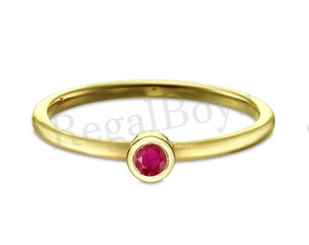 Red Ruby Solitaire Ring For Women, 14K Gold Finish Ruby Bezel Set Ring Gift For Her Stacking Ring, July Birthstone Delicate Ring