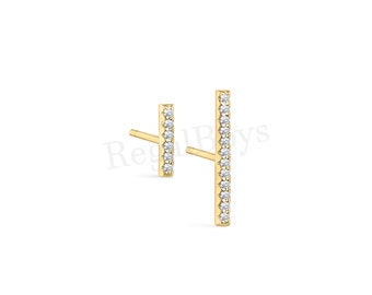White Diamond Mismatch Bar Earrings For Women, 14K Gold Finish Ladies Diamond Stud Earrings, Minimal Earrings, Pave Set Delicate Earrings