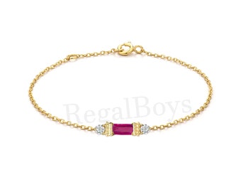 Baguette Cut Red Ruby & Diamond Bracelet For Women, 14K Gold Over Ladies Ruby Delicate Bracelet, Bezel Set Baguette Bracelet, Chain Bracelet