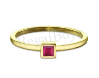 Princess Cut Red Ruby Solitaire Ring For Women, 14K Gold Finish Ladies Ruby Engagement Ring, July Birthstone Bezel Set Solitaire Ring