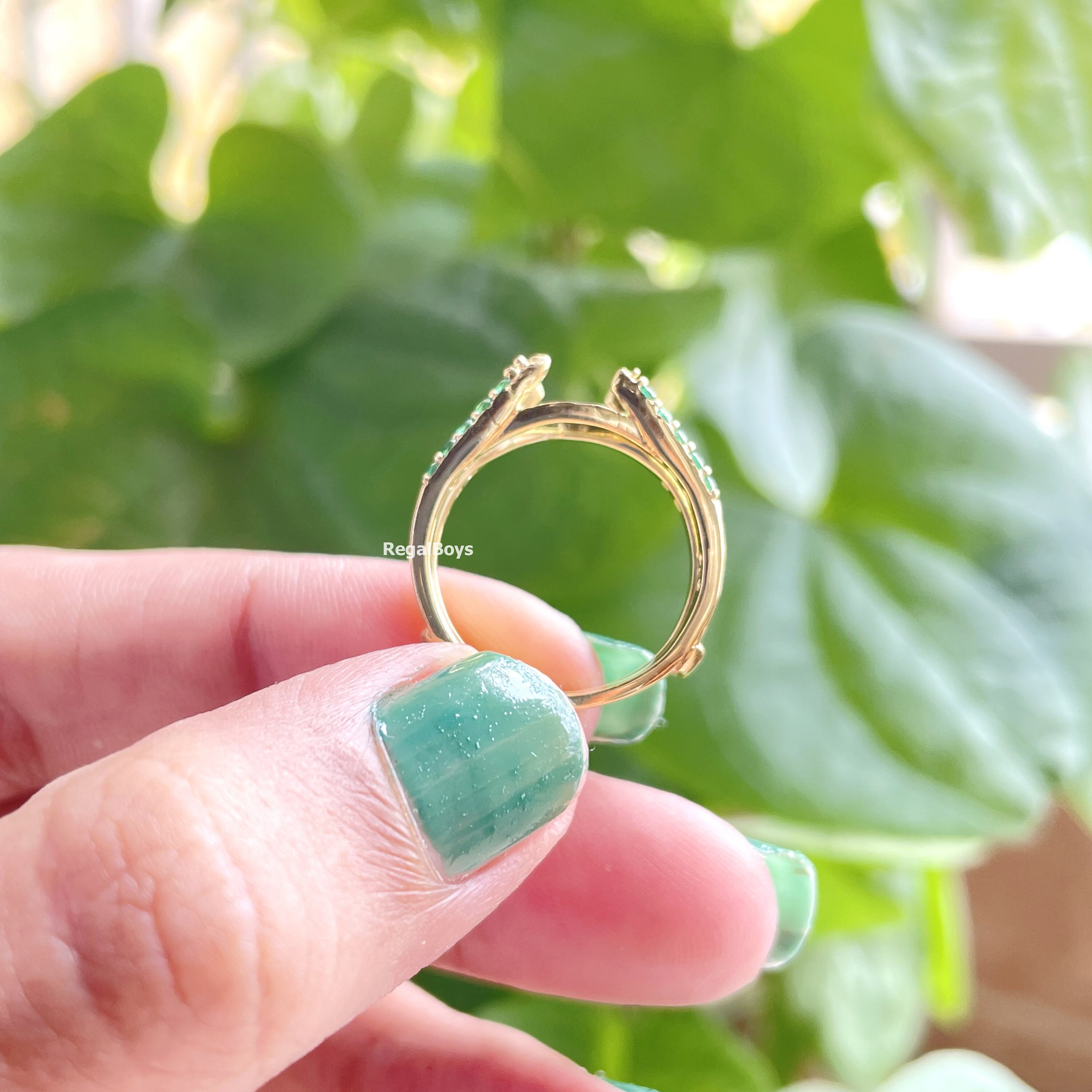 Round Green Emerald Enhancer Ring, 14K Gold Finish Emerald Ring Guard