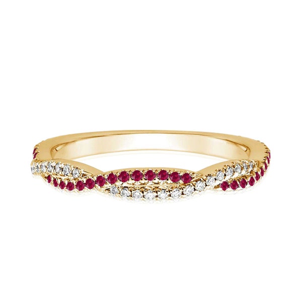 Red Ruby & White Diamond Wedding Band, 14K Gold Plated Silver Anniversary Band Swirl Ring, Crossover Half Way Band For Women