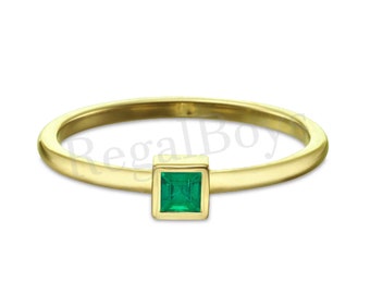 Princess Cut Green Emerald Solitaire Ring For Women, 14K Gold Finish Ladies Emerald Engagement Ring, May Birthstone Bezel Set Solitaire Ring