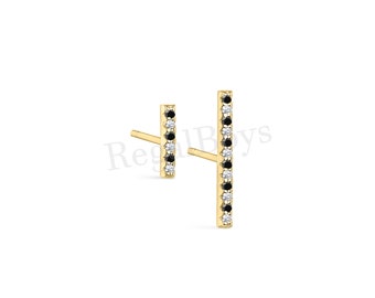 Black & White Diamond Mismatch Bar Earrings For Women, 14K Gold Over Ladies Diamond Stud Earrings, Mini Earrings, Pave Set Delicate Earrings