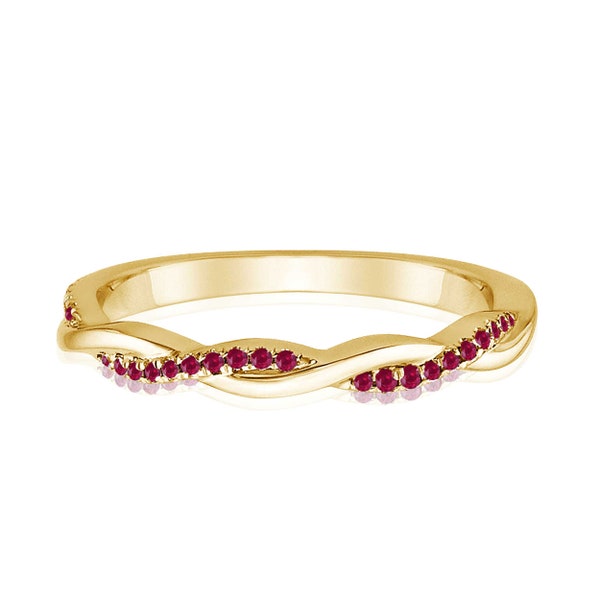 Half Way Red Ruby Swirl Wedding Band For Women, 14K Gold Finish Ladies Ruby Minimalist Crossover Anniversary Band