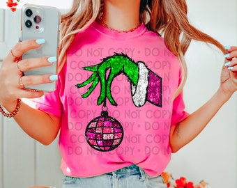 Preppy Green Guy Hand || Ornament Hand ||  Faux Sequin || Christmas PNG || Sublimation Design || Digital Download || PNG File || Pink