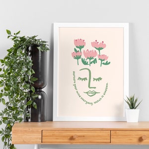 Positive Quote Printable Art, Danish Pastel Aesthetic Poster, Unique Wall Art Digital Download, Mental Health Poster, Flower Face Print