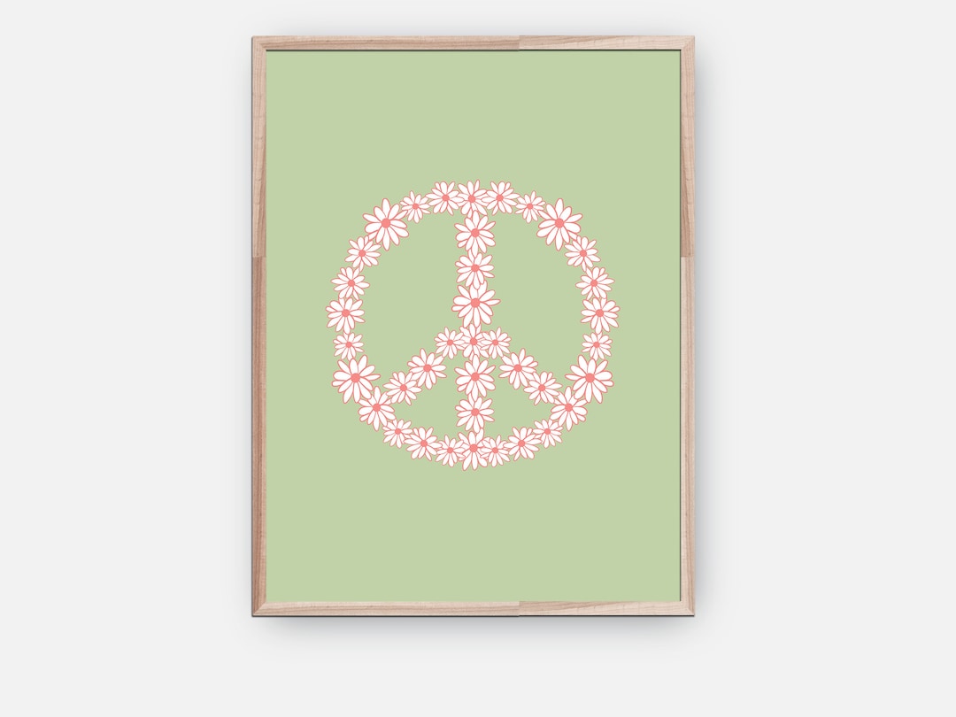 Flower Peace Sign Wall Decor Art Print, Retro Aesthetic Poster, Digital
