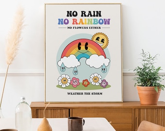 Retro Rainbow Wall Art Print, Retro Aesthetic Poster, 60s 70s Decor Poster, No Rain No Rainbow Poster, Classroom Poster Kids Wall Art