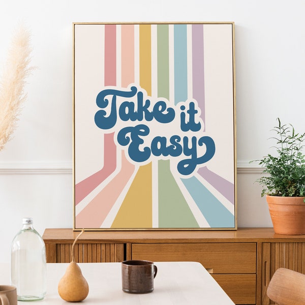 Take It Easy Wall Decor Art Print, Retro Aesthetic Poster, 70s Decor Digital Download, Danish Pastel Printable Wall Art, Retro Rainbow