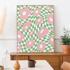 Danish Pastel Wall Decor Art Print, Retro Aesthetic Poster, 70s Decor Digital Download, Green Pink Flower Checker Printable Wall Art