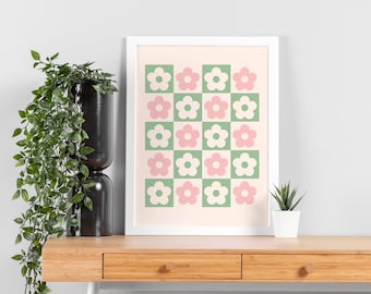 Danish Pastel Printable Wall Art Decor, Retro Aesthetic Poster, 70s Decor Digital Download, Green Pink Flower Checker Printable Wall Art