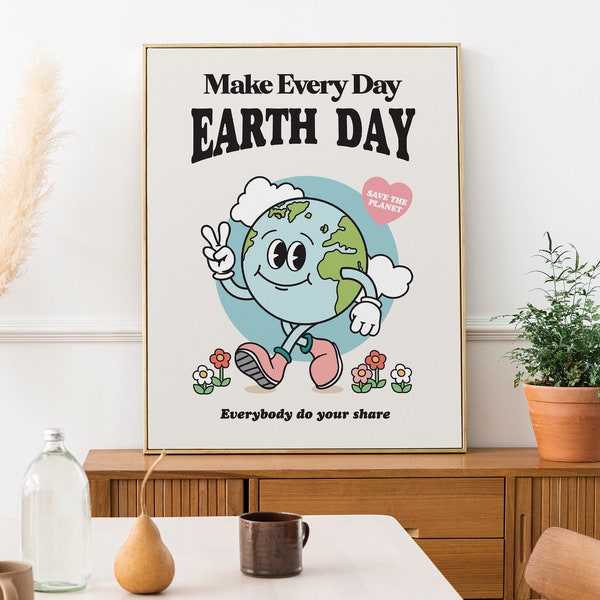 Earth Day Wall Art Print, Retro Aesthetic Poster, 60s 70s Decor Poster, Save the Planet Poster, Environmental Classroom Poster Kids Wall Art