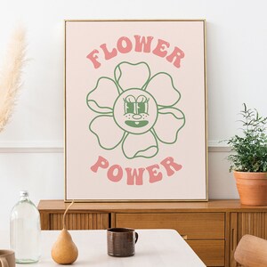 Flower Power Retro Poster, Retro Ästhetische Wandkunst, 60er 70er Hippie Poster, Digitaler Download, Rosa Grün Wandkunst, Retro Daisy Druckbar