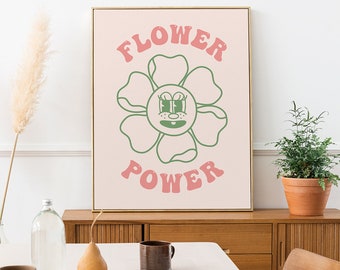 Flower Power Retro Poster, Retro Aesthetic Wall Art, 60s 70s Hippie Poster, Descarga digital, Pink Green Wall Art, Retro Daisy Imprimible