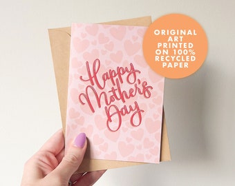 A6 Happy Mother’s Day Card, Hand Lettered Greeting Card for Mum, Heart Design Cute Modern Print, First Mother’s Day Gift for Mum