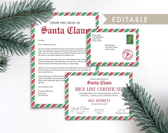 Carta de Papá Noel editable, carta personalizada para Papá Noel, plantilla de sobre y certificado de buen comportamiento