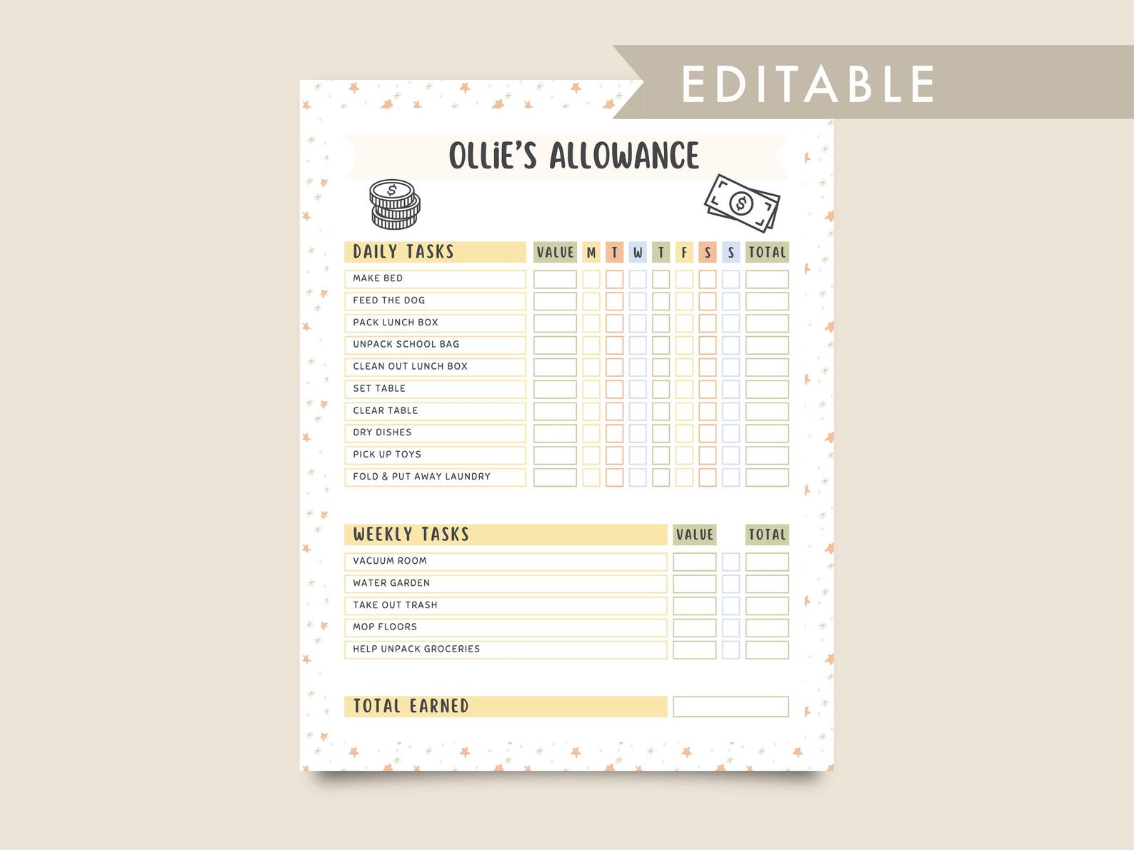 Allowance Chart for Kids, Editable and Printable Chore Chart, Daily ...