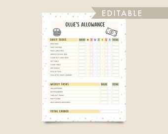 Toeslagschema voor kinderen, bewerkbaar en afdrukbaar takenschema, checklist voor dagelijkse routine en verantwoordelijkheid, verdien-tracker