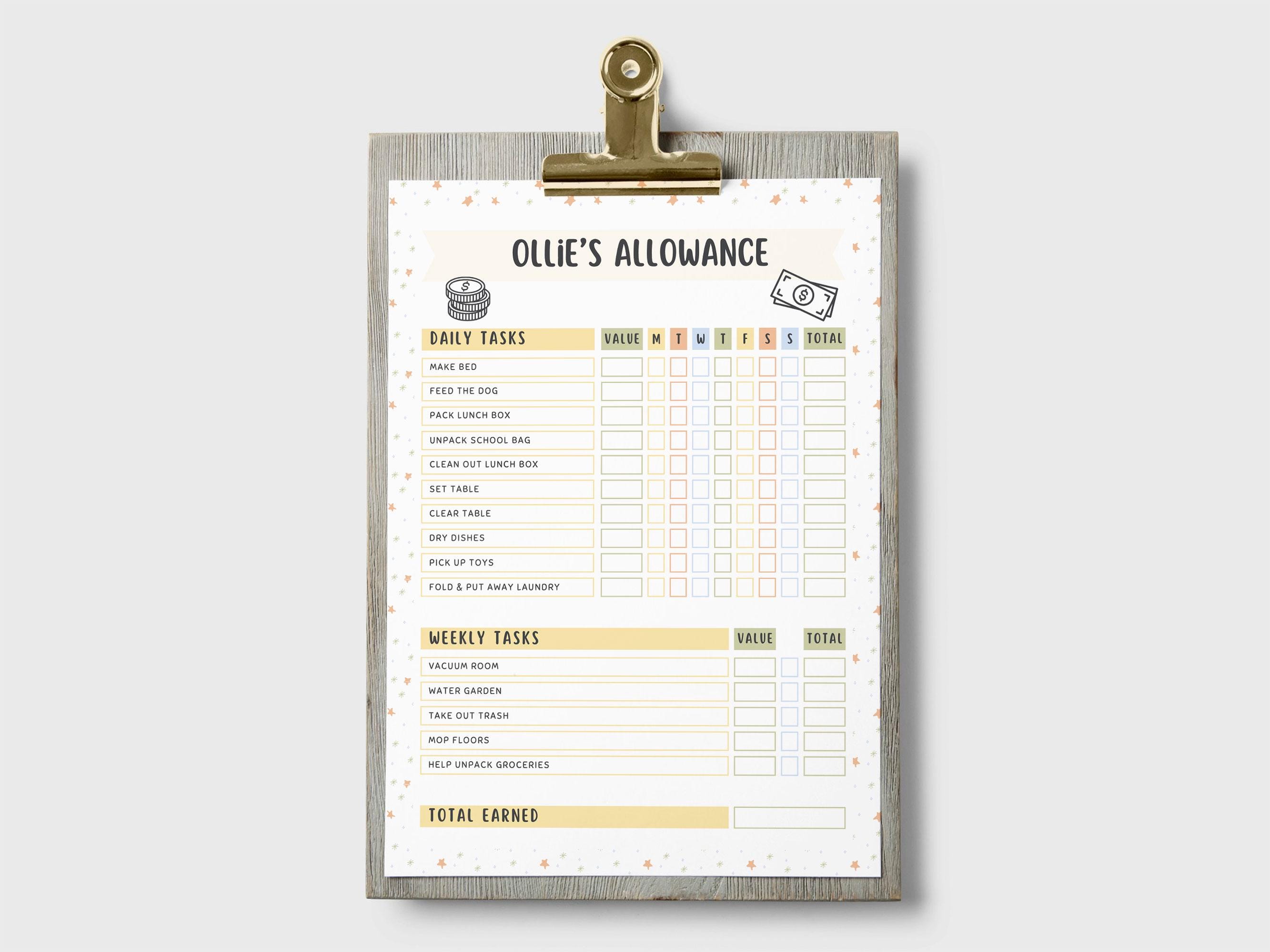 Allowance Chart for Kids, Editable and Printable Chore Chart, Daily ...