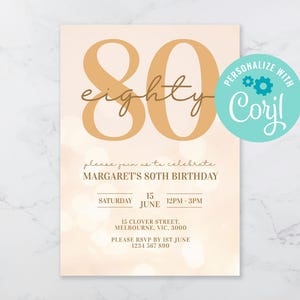 女性のための 80 歳の誕生日招待状、女性の 70 歳、80 歳、90 歳の誕生日ディナー用のローズ ゴールド デジタル テンプレート、モダンな誕生日パーティーの招待状