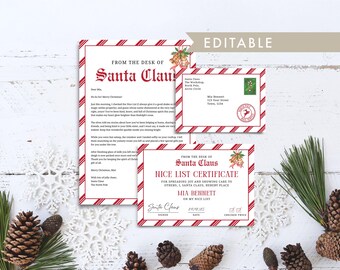 Carta de Papá Noel editable, carta navideña de Papá Noel, sobre y plantilla imprimible de certificado de buen comportamiento para niños en la mañana de Navidad