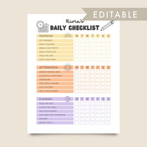 May include: A printable daily checklist with the title "Olivia's Daily Checklist" in black script. The checklist is divided into morning, afternoon, and evening sections, with tasks listed under each. Includes checkboxes for each day of the week.