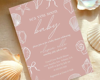 Sea Shell Baby Shower Invitation Beach Theme Girl Sea You Soon Editable Canva Template Instant Download