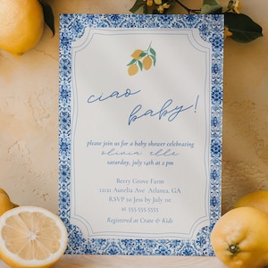 Positano Baby Shower Invite - Mediterranean Lemon Baby Shower - Blue Tiles Lemon Baby Shower - Capri Baby Shower - Ciao Baby Invite EDITABLE
