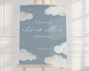 Heaven Sent Baby Shower Decor Dusty Blue Boy Baby Sprinkle Welcome Sign A Little Piece of Heaven On Cloud 9 Instant Download Decorations