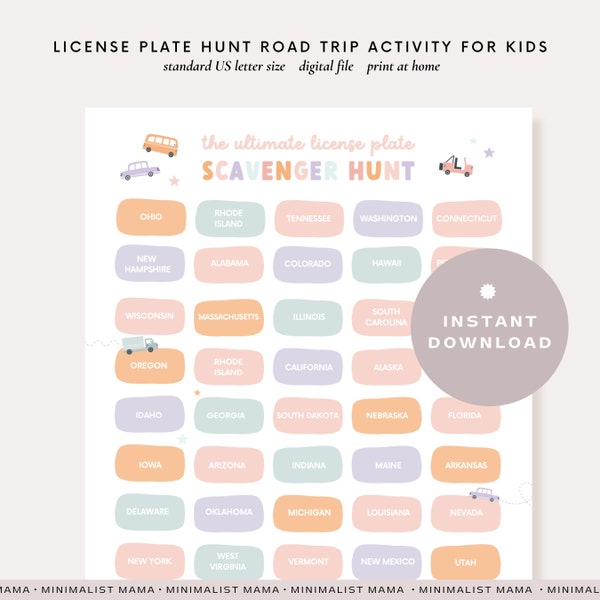 License Plate Game Printable, License Plate Hunt Printable, Road Trip Games, Road Trip Activities, Road Trip Printable, Instant Download