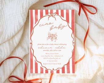 Invitación para baby shower Ciao, plantilla italiana para baby shower, Canva, editable, Capri, Italia, temática infantil, niño y niña, género neutro, con chispas para bebé.