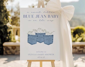 Blue Jean Baby Shower Decor Welcome Sign Boy Girl Gender Neutral Denim Western Baby Sprinkle Poster Board Decorations Editable Template