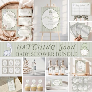 May include: A baby shower stationery bundle featuring a sage green striped pattern and dinosaur illustrations. Includes invitations, raffle tickets, welcome signs, games, thank you tags, cupcake toppers, and labels with the text Hatching Soon.
