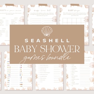 May include: A bundle of baby shower game printables with a seashell theme. Games include "What's in your purse?", "Baby Bingo", and others. The design features seashells and starfish in beige and brown tones.