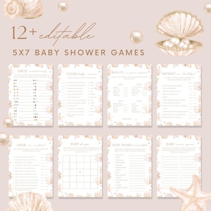 May include: A collection of 5x7 baby shower games with a seashell theme. The games include emoji pictionary, celebrity baby names, and more. The design features a soft, neutral color palette with decorative seashells and pearls.