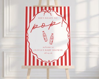 Cartel de bienvenida para baby shower "She's Ready To Pop", diseño vintage de refresco para niña y niño, con temática de género neutro, con chispas para bebé, plantilla editable.