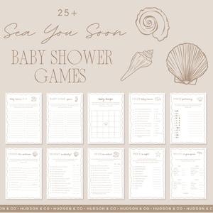May include: A set of baby shower games with a nautical theme. The words "Sea You Soon" and "Baby Shower Games" are written in a stylish font. The games include "Baby Names," "Baby Bingo," and "Emoji Pictionary," all in a neutral colour scheme.