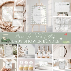 Op de afbeelding: Een baby shower bundel met een golfthema, met een groen en wit geruit patroon. De bundel bevat uitnodigingen, een welkomstbord, een kalender en andere feestartikelen. De tekst "New To The Club" en "Baby Shower Bundle" is afgebeeld.