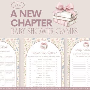 May include: A baby shower game set with a floral design and the text "A New Chapter Baby Shower Games." The set includes three game cards and a stack of books tied with a pink bow. The games include "Feud," "Would She Rather?" and "Baby Names."