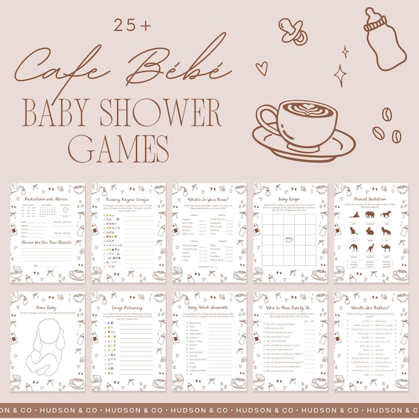 Cafe Bebe Baby Shower Games - Baby Is Brewing Games - Coffee Theme Baby Shower Bundle - Editable Template