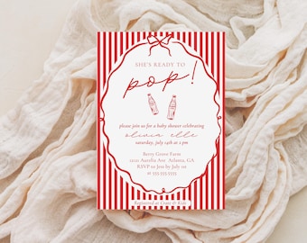 Ready To Pop Baby Shower Invite Invitation Boy Girl Gender Neutral Red 50s Retro Soda Cola Diet Coke She Is She's About To Pop Babyshower