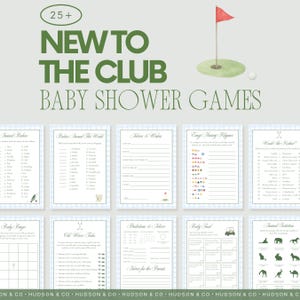 Könnte beinhalten: Eine Sammlung von Babyparty-Spielen mit Golf-Thema. Das Design zeigt ein grün-weißes Farbschema mit Illustrationen von Golfelementen. Der Text enthält "New to the Club" und verschiedene Spieltitel.