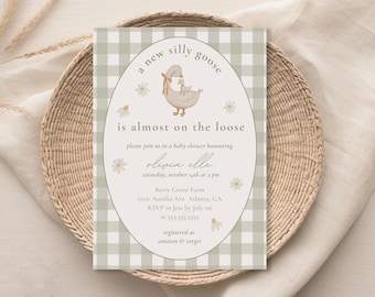 Sage Green Watercolor Silly Goose Baby Shower Invitation Gender Neutral Canva Template with Editable Text