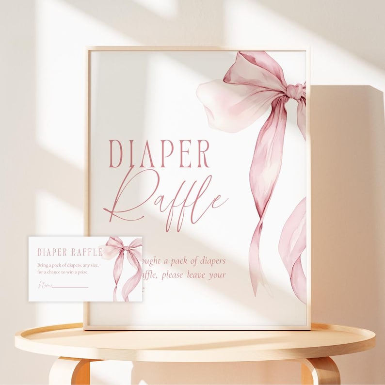 Pink Ribbon G Raffle Pink Bow Baby Shower Diaper Raffle Games Sign & Tickets Cards Editable ...