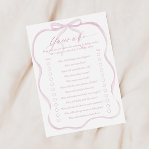 Roze strikje Guess Who-spel babyshower Trivia - Guess Who roze strik babyshowerspel - mama of papa-spel - roze strik babyshowerspel