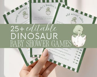 Dinosaur Baby Shower Games Bundle Editable Fun Easy Hatching Soon Theme Digital Template Boho Greenery Dino Boy Spring Baby Shower Ideas